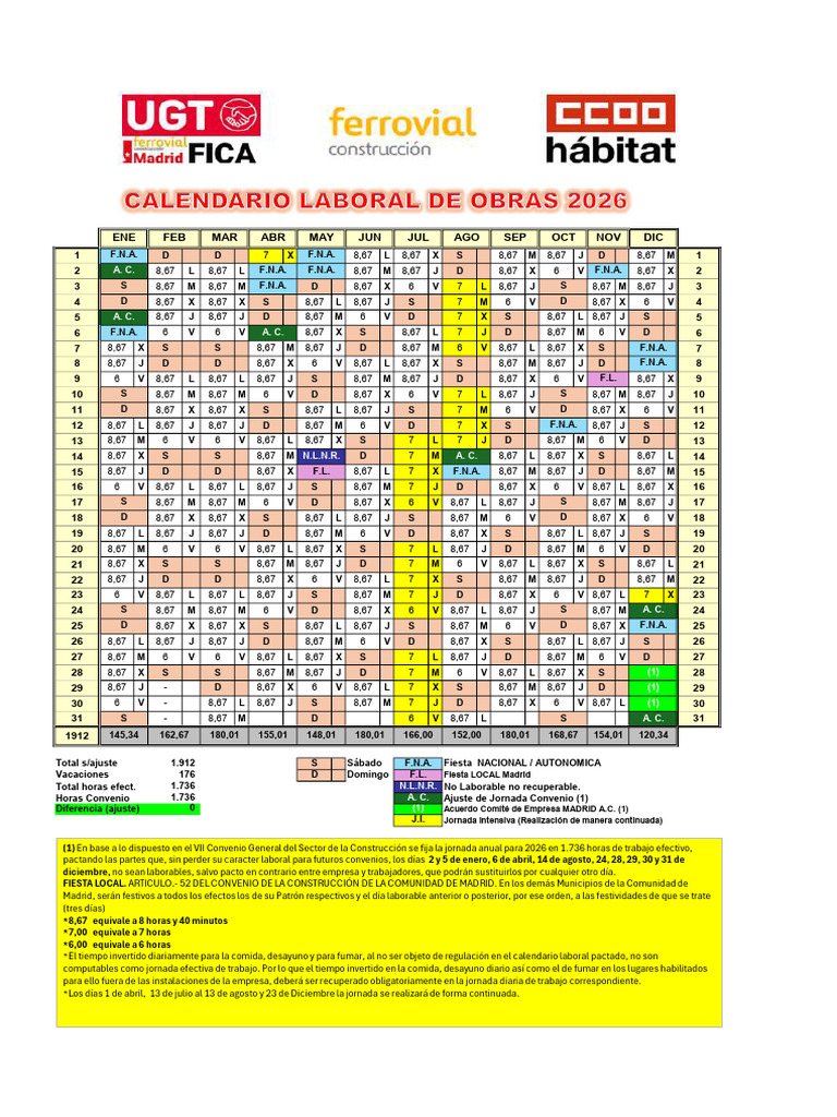 Horario Laboral y Festivos 2026 Madrid | PDF