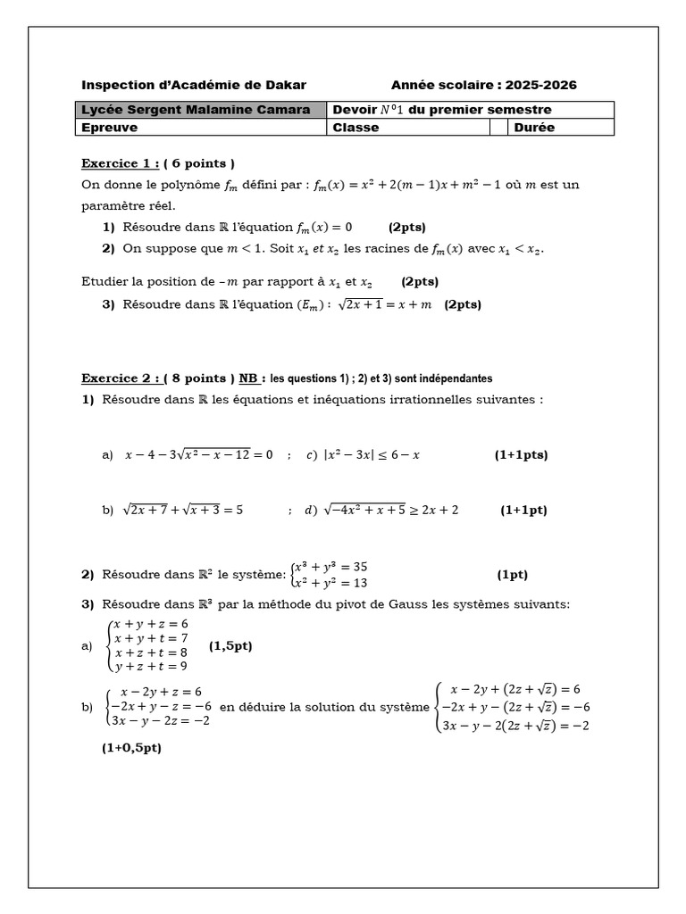 Devoir de Mathématiques S1 - Exercice et Résolutions | PDF ...