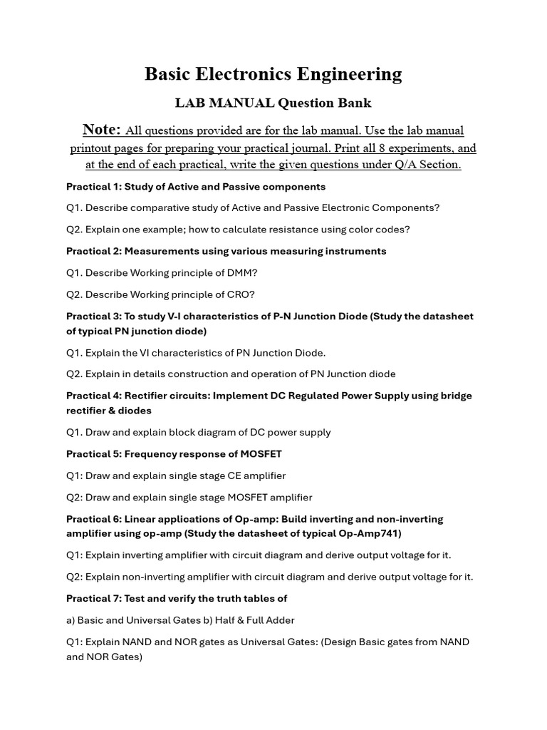 Electronics Lab Manual Question Bank | PDF