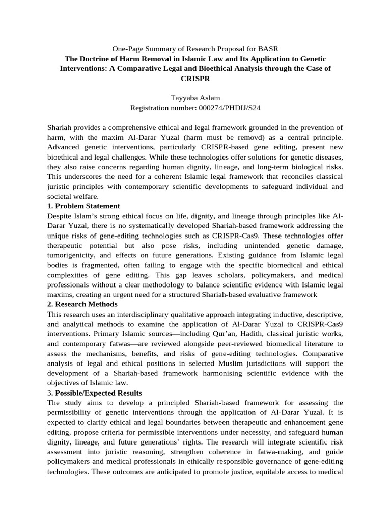 One-Page Summary of Research Proposal for BASR. Taiba Aslam (1) | PDF ...