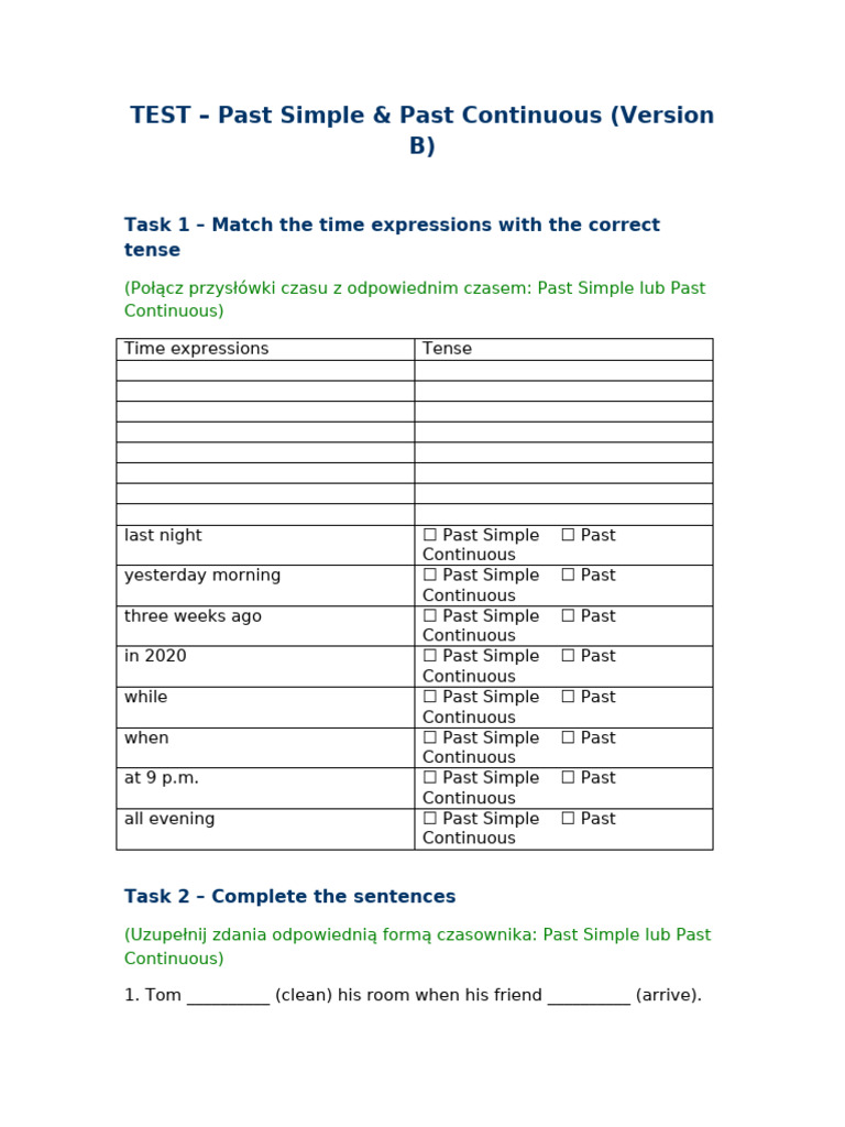 Test Past Simple Past Continuous Klasa7 VersionB | PDF