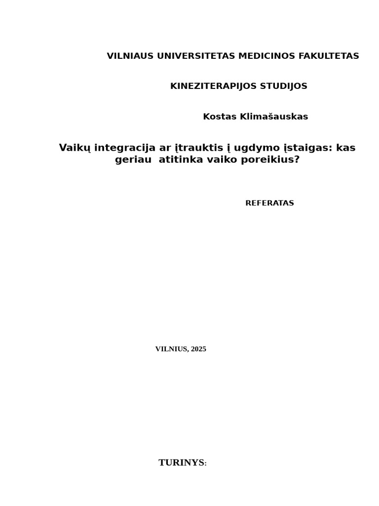 Referetas - Vaikų Integracija Ir Įtrauktis Kostas | PDF