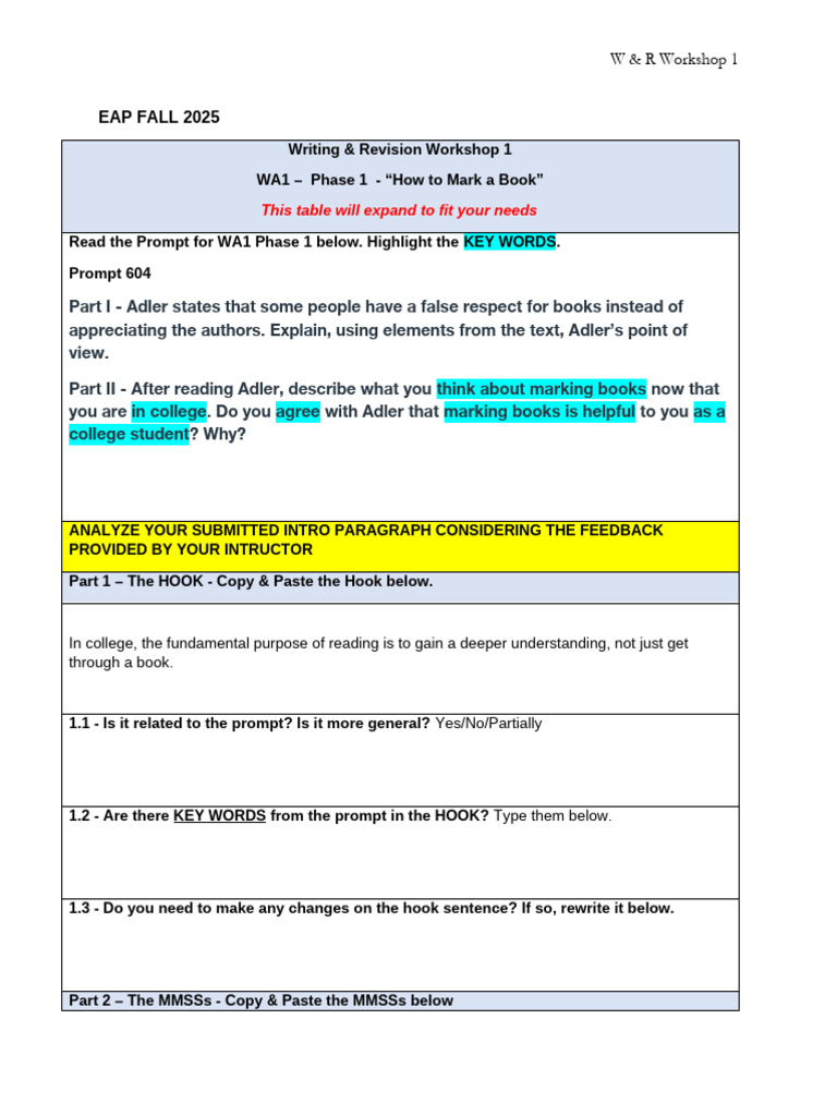 Section 604 - Writing & Revision Workshop 1 - WA1 P1 - Intro Paragraph ...