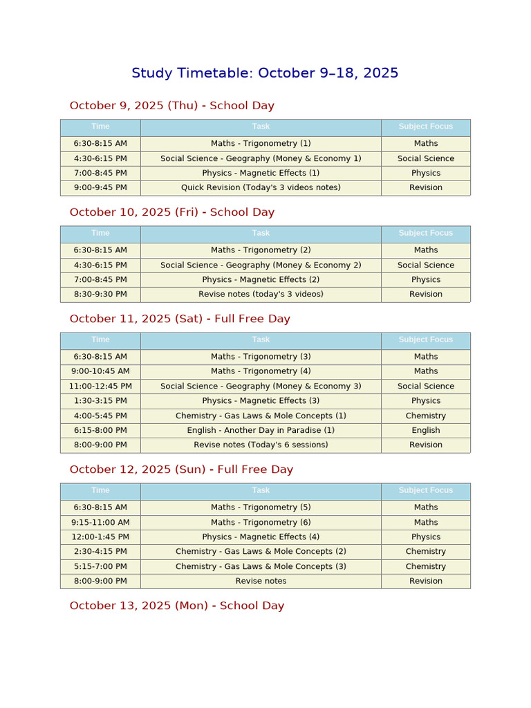 Study Timetable: Oct 9-18, 2025 | PDF | Inquiry | Science