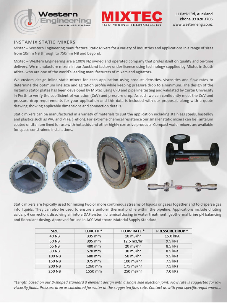 Custom Static Mixers in Auckland | PDF | Flow Measurement | Pressure