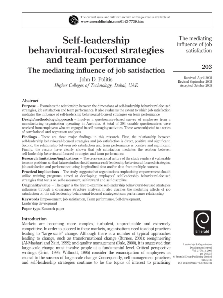 Self-Leadership Strategies and Team Performance | PDF | Job ...