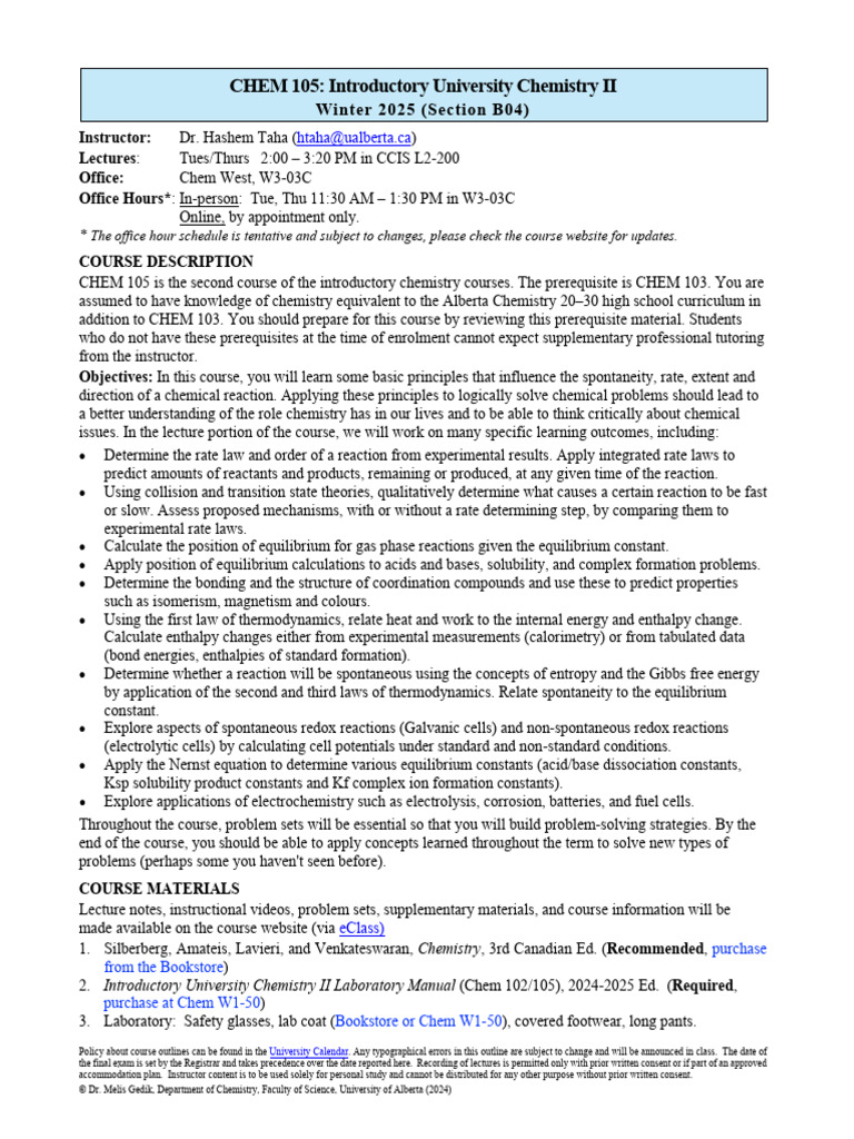 CHEM105 B04 Syllabus (Wi2025) | PDF | Chemical Equilibrium | Chemical ...