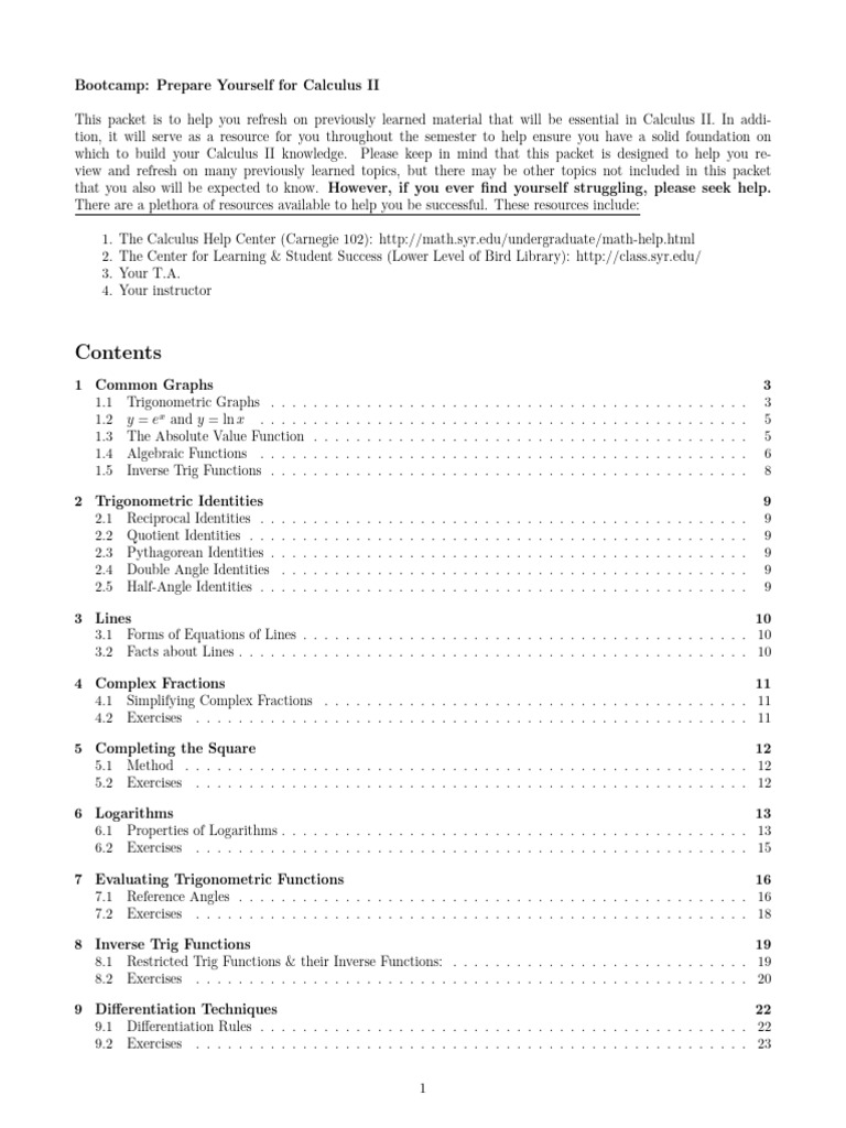 Calc2 Bootcamp(1) | PDF | Trigonometric Functions | Functions And Mappings