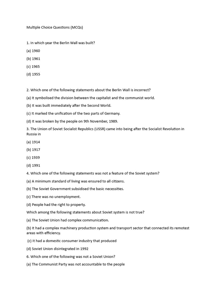 Berlin Wall and Soviet Union MCQs | PDF | Soviet Union | World Politics