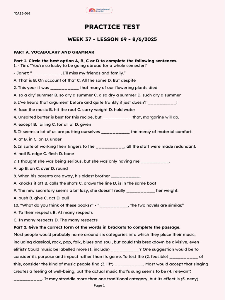 Vocabulary and Grammar Practice Test | PDF | Volunteering | Mind