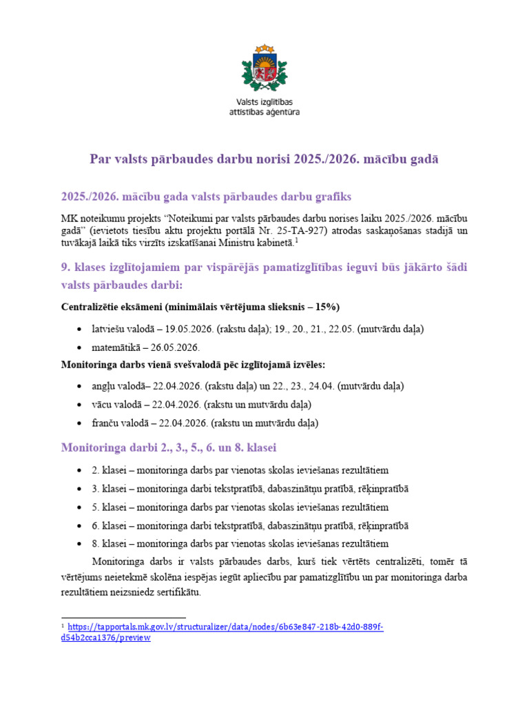 Par Valsts Parbaudes Darbu Norisi 2025 2026 MG | PDF