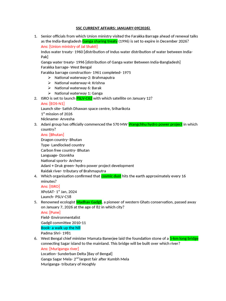 SSC Current Affairs January 2026 Insights | PDF
