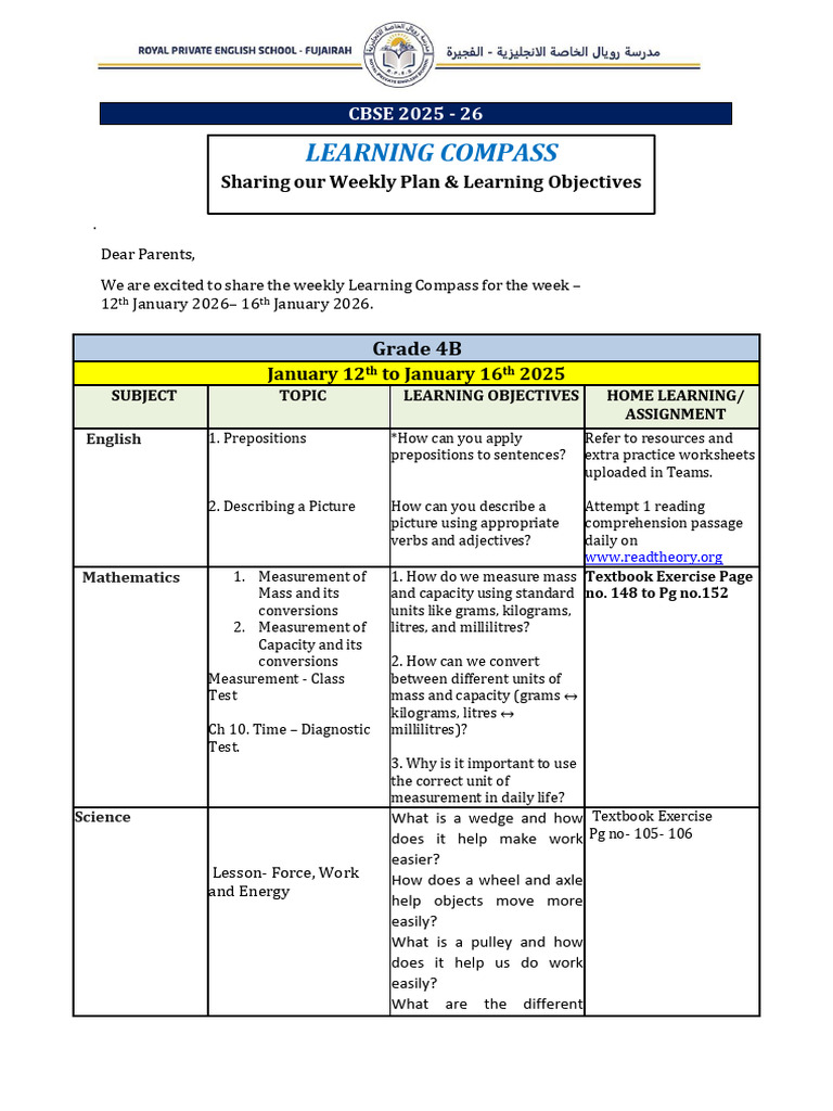 Weekly Learning Compass for Grade 4B | PDF | Litre | Linguistics