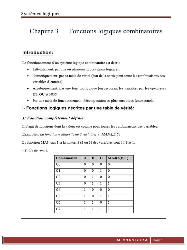 Fonctions Logiques Combinatoires Expliquées | PDF | Algèbre de Boole ...