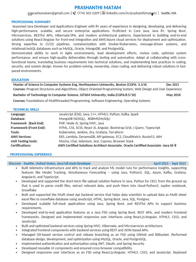 Java Full Stack Developer Resume | PDF | Databases | My Sql