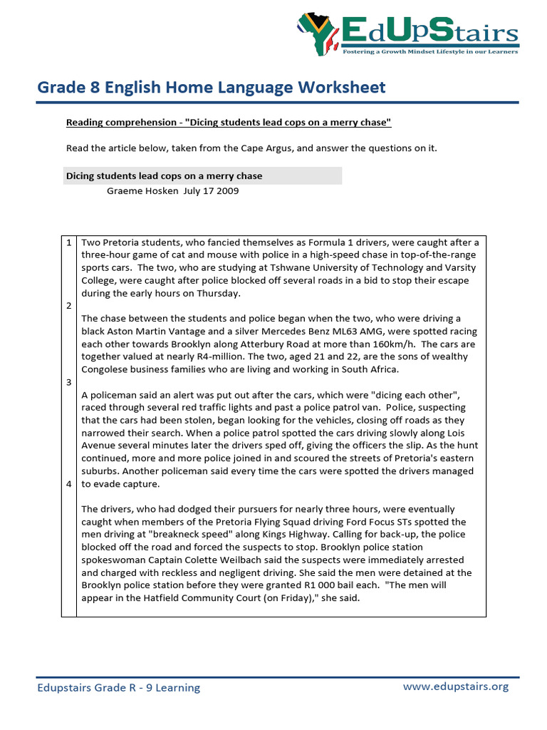 Grade 8 Comprehension: Student Chase | PDF