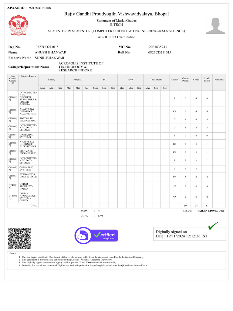 B.Tech Semester IV Marks - Data Science | PDF | Computer Science ...