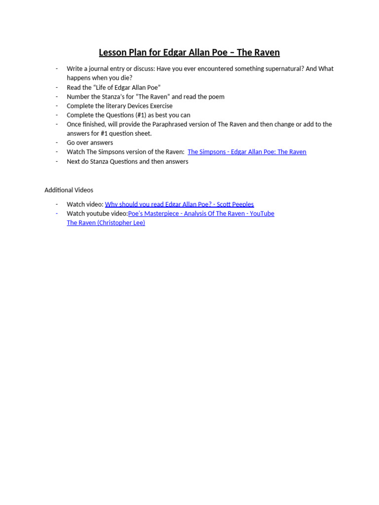 Edgar Allan Poe's The Raven Lesson Plan | PDF