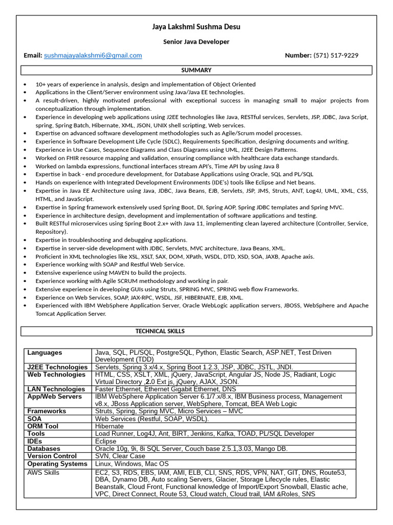 Senior Java Developer Resume Summary | PDF | Spring Framework | Java ...