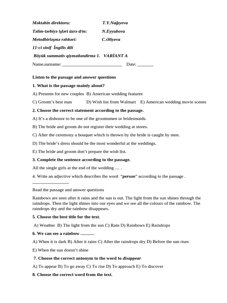 11th Grade English Summative Assessment | PDF | Bride | Rainbow
