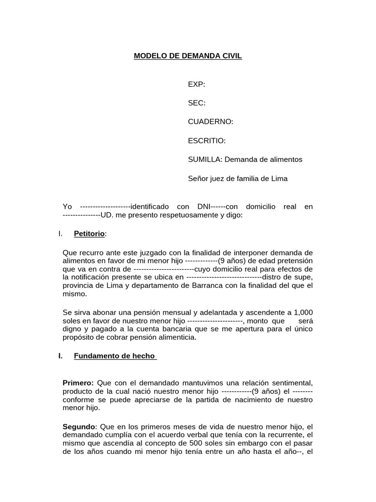 Modelo de Demanda Civil | PDF | Pensión alimenticia | Demanda judicial