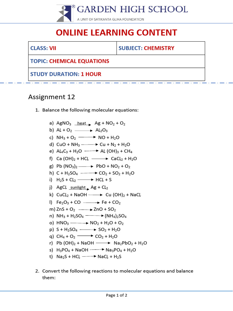 Balancing Chemical Equations Assignment | PDF