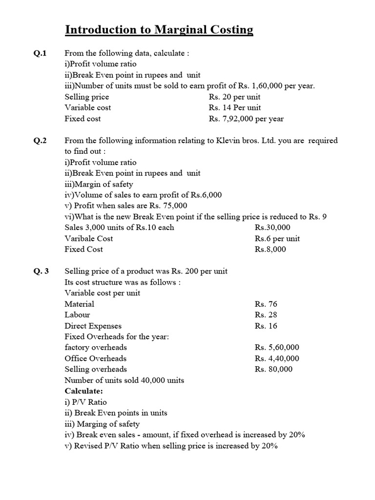 Marginal Costing Analysis and Calculations | PDF | Economics ...