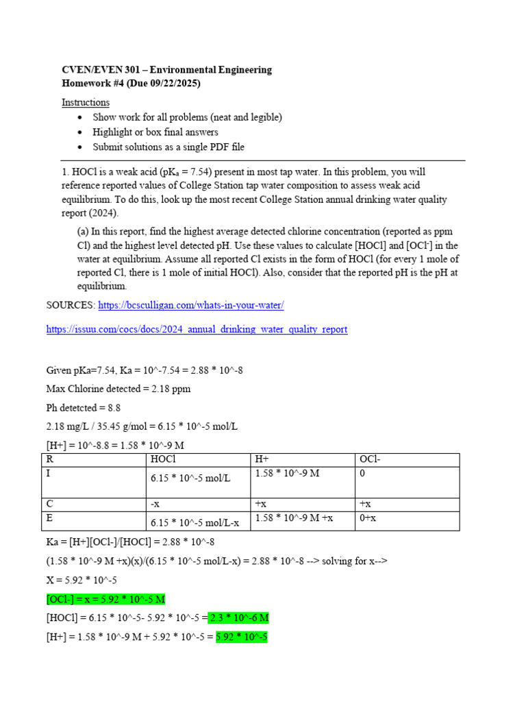 Environmental Engineering Homework 4 | PDF | Water | Concentration