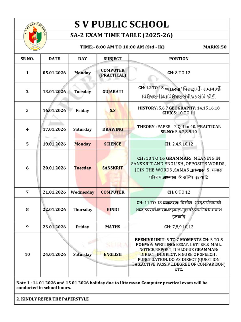 SA-2 Exam Timetable 2025-26 for Std IX | PDF | Linguistics