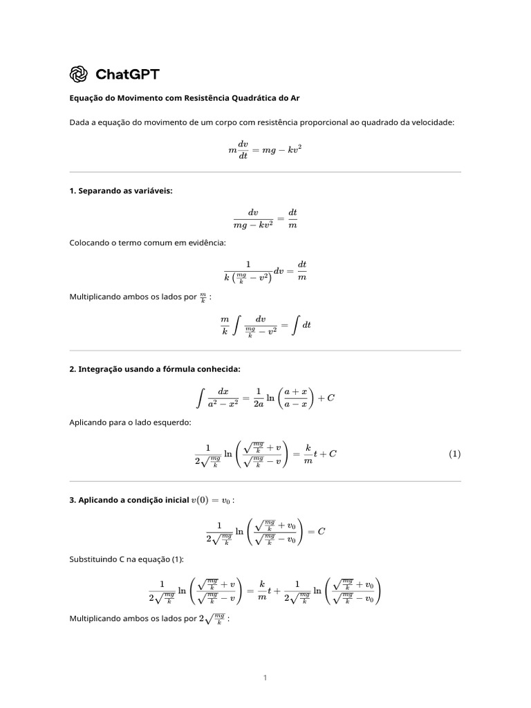Movimento com Resistência Quadrática | PDF | Logaritmo | Matemática