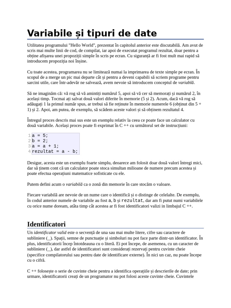 CPP - Variabile Și Tipuri de Date | PDF