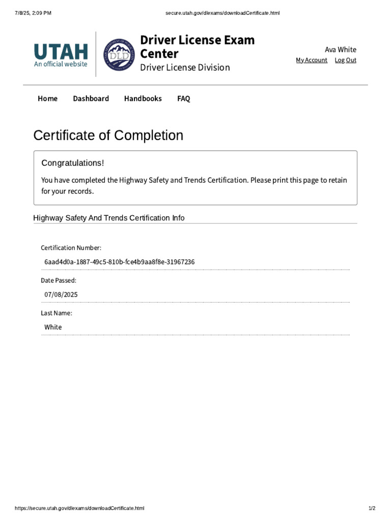 Utah Driver License Exam Certification | PDF