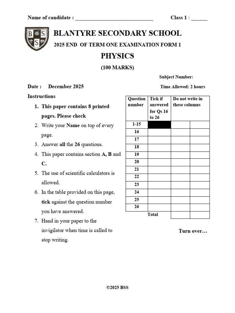 Physics End of Term One Form 1 | PDF | Celsius | Temperature