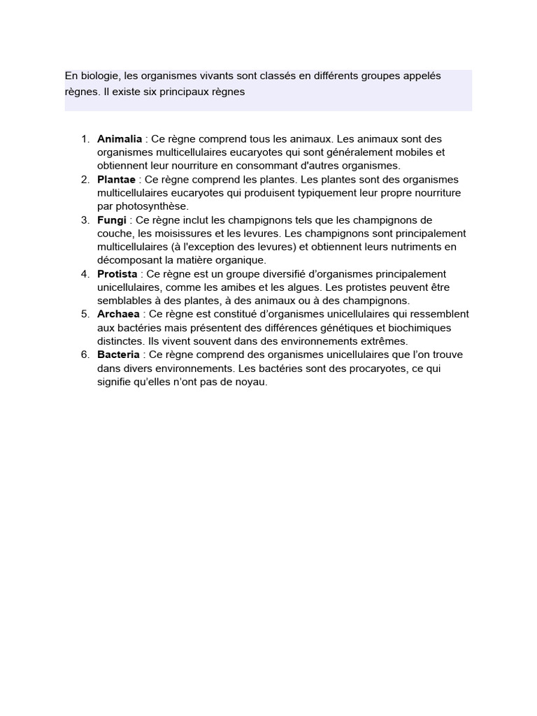 Classification des six règnes biologiques | PDF