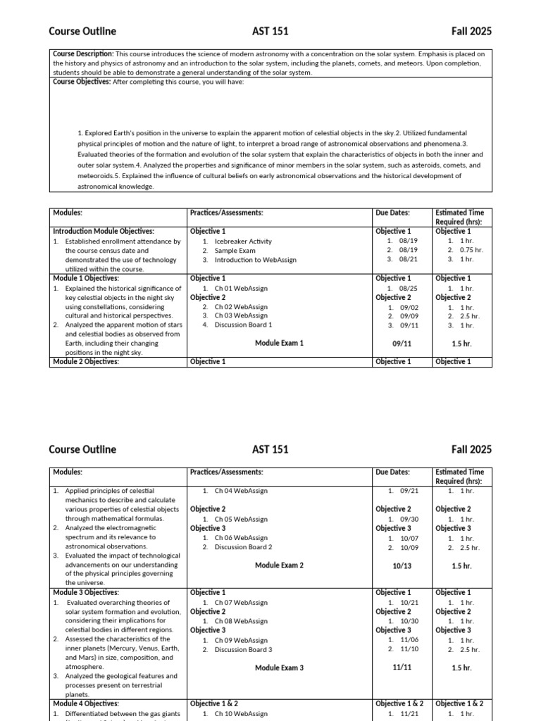 Astronomy Course Outline AST 151 | PDF | Astronomy | Solar System