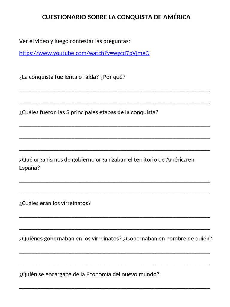 Cuestionario sobre la Conquista de América | PDF | Cristobal colon ...