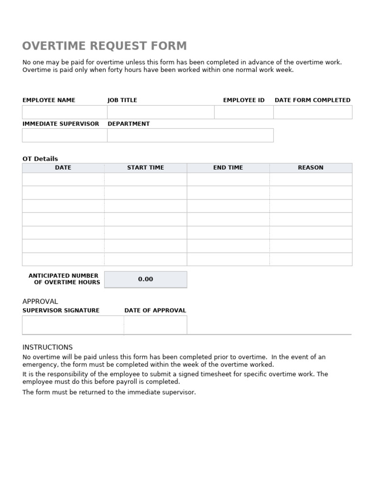 Overtime Request Form Template | PDF