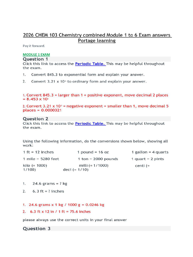 2026 CHEM 103 Chemistry Combined Module 1 To 6 Exam Answers Portage ...