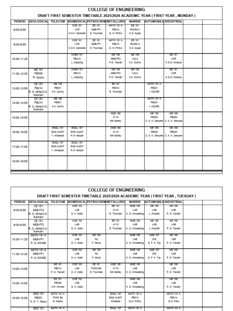2025/2026 First Semester Timetable | PDF