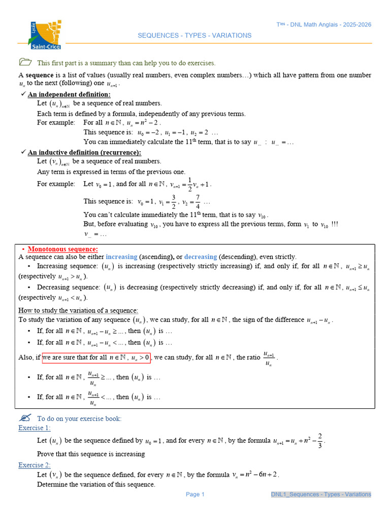 DNL1_Sequences - Types - Variations | PDF | Sequence | Monotonic Function