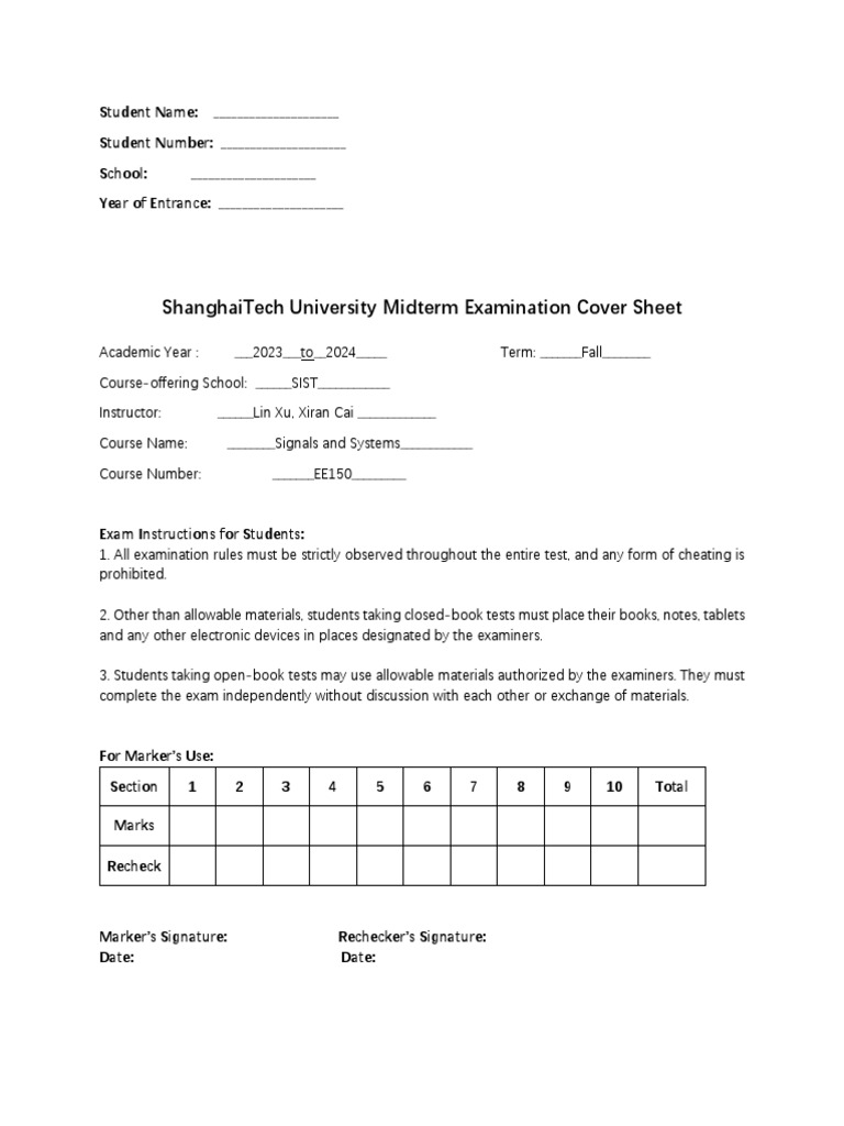 ShanghaiTech Signals and Systems Exam | PDF | Applied Mathematics ...