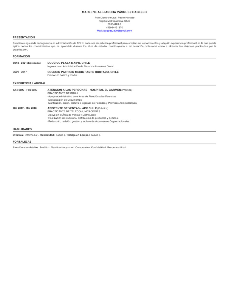 Cv Marlene Vasquez Act 2022 | PDF