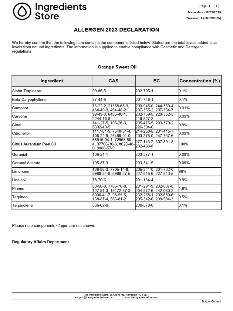2023 Allergen Declaration for Ingredients | PDF | Flavor