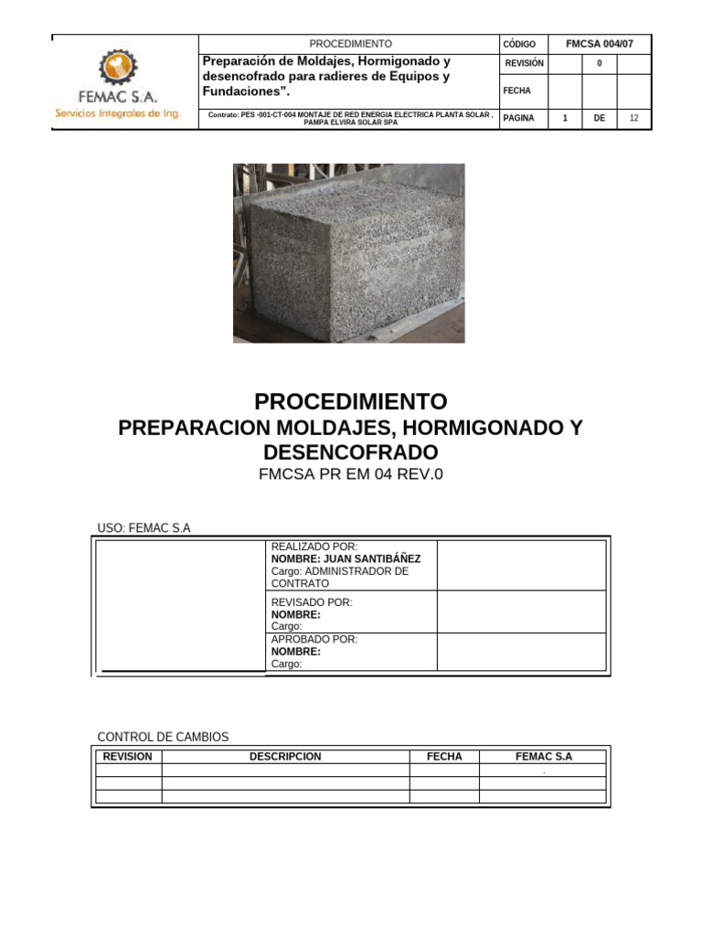 FMCSA0004 PROCEDIMIENTO TRABAJOS PREPARACION MOLDAJES HORMIGONADO Y ...