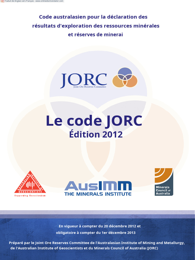 Code JORC 2012 : Déclaration minière | PDF | Exploitation minière | Or