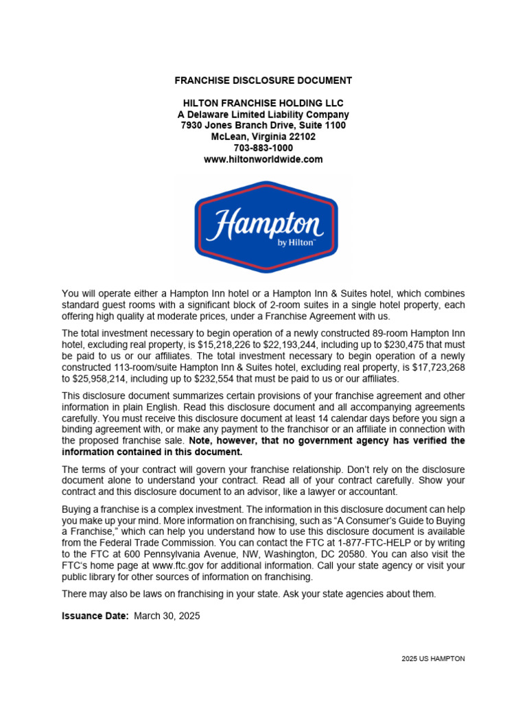 Hampton Inn - 2025 FDD | PDF | Franchising | Hilton Worldwide