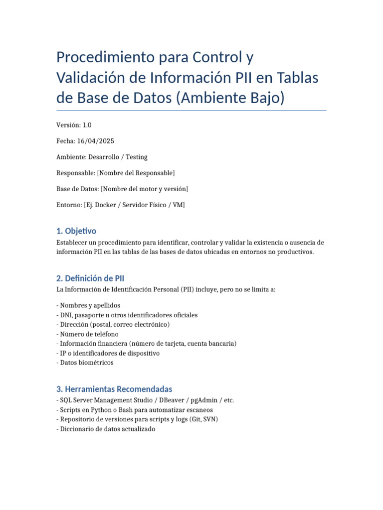 Procedimiento Control PII | PDF | Bases de datos | Software