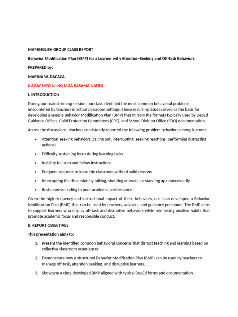 DepEd BMP Report Psycho Socio MAT | PDF