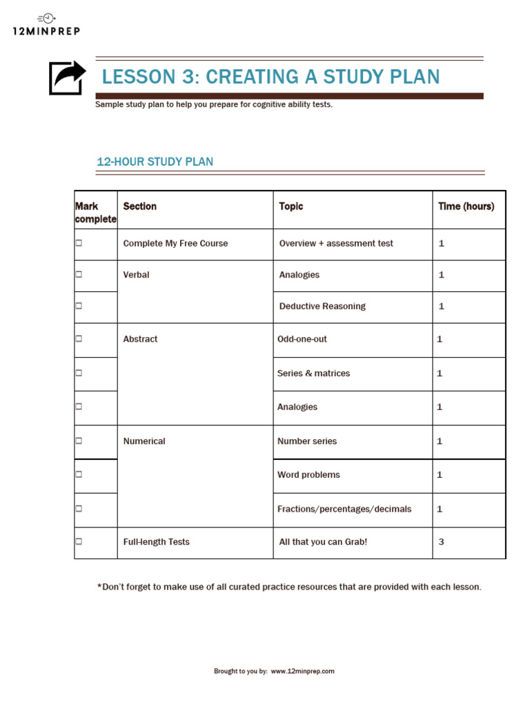 Study Plan for Cognitive Tests | PDF