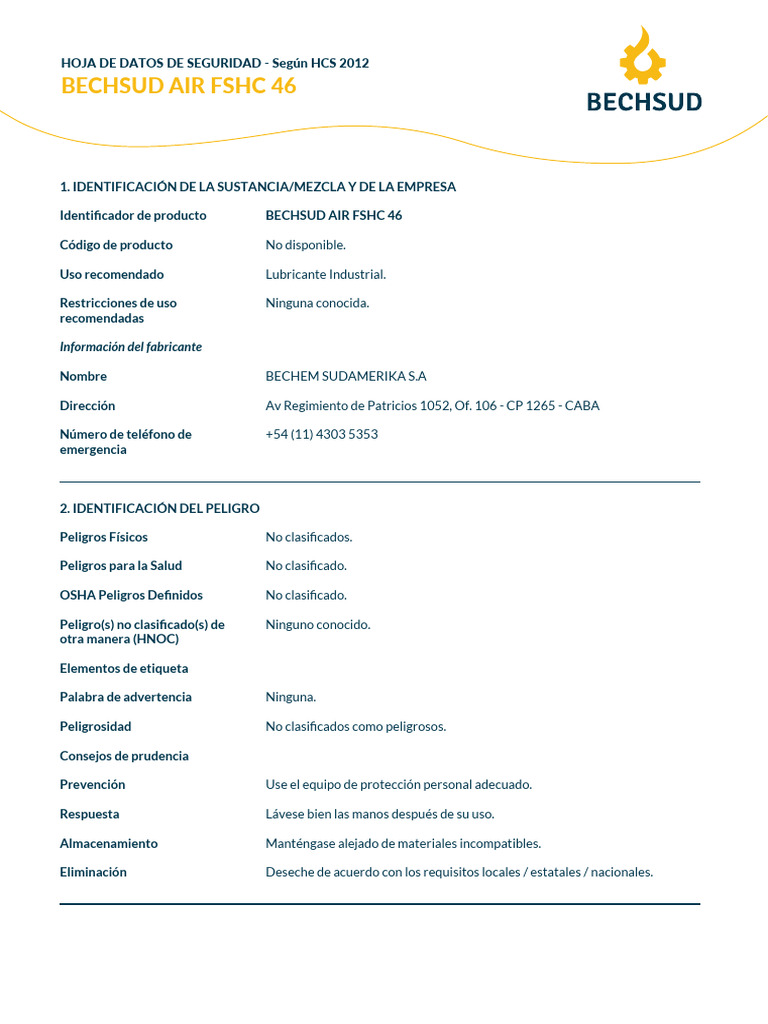 Hoja de Seguridad BECHSUD AIR FSHC 46 | PDF | Agua | Toxicidad